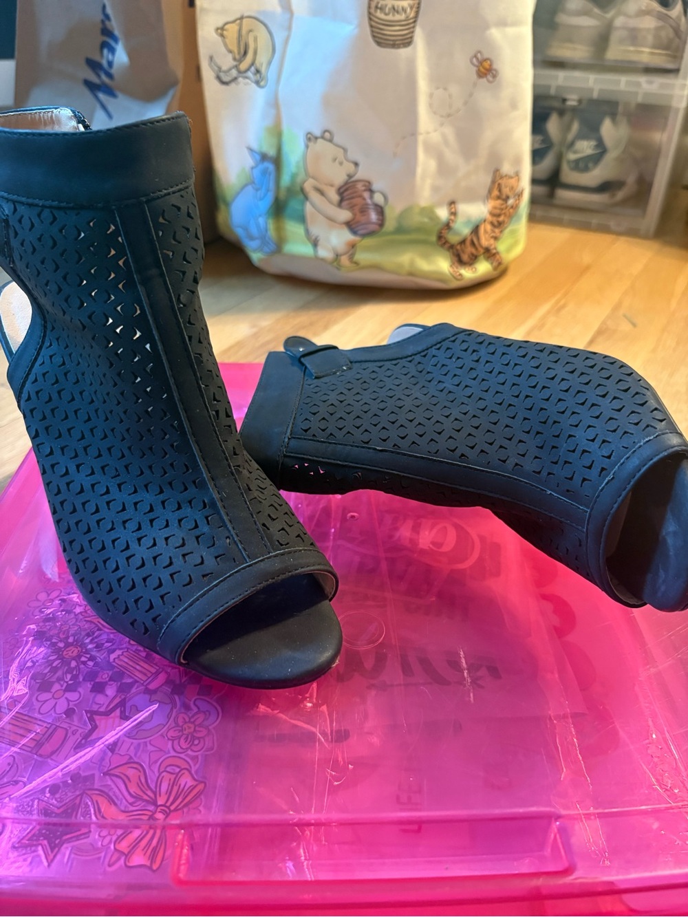 Refresh Black Laser-Cut Peep-Toe Mules